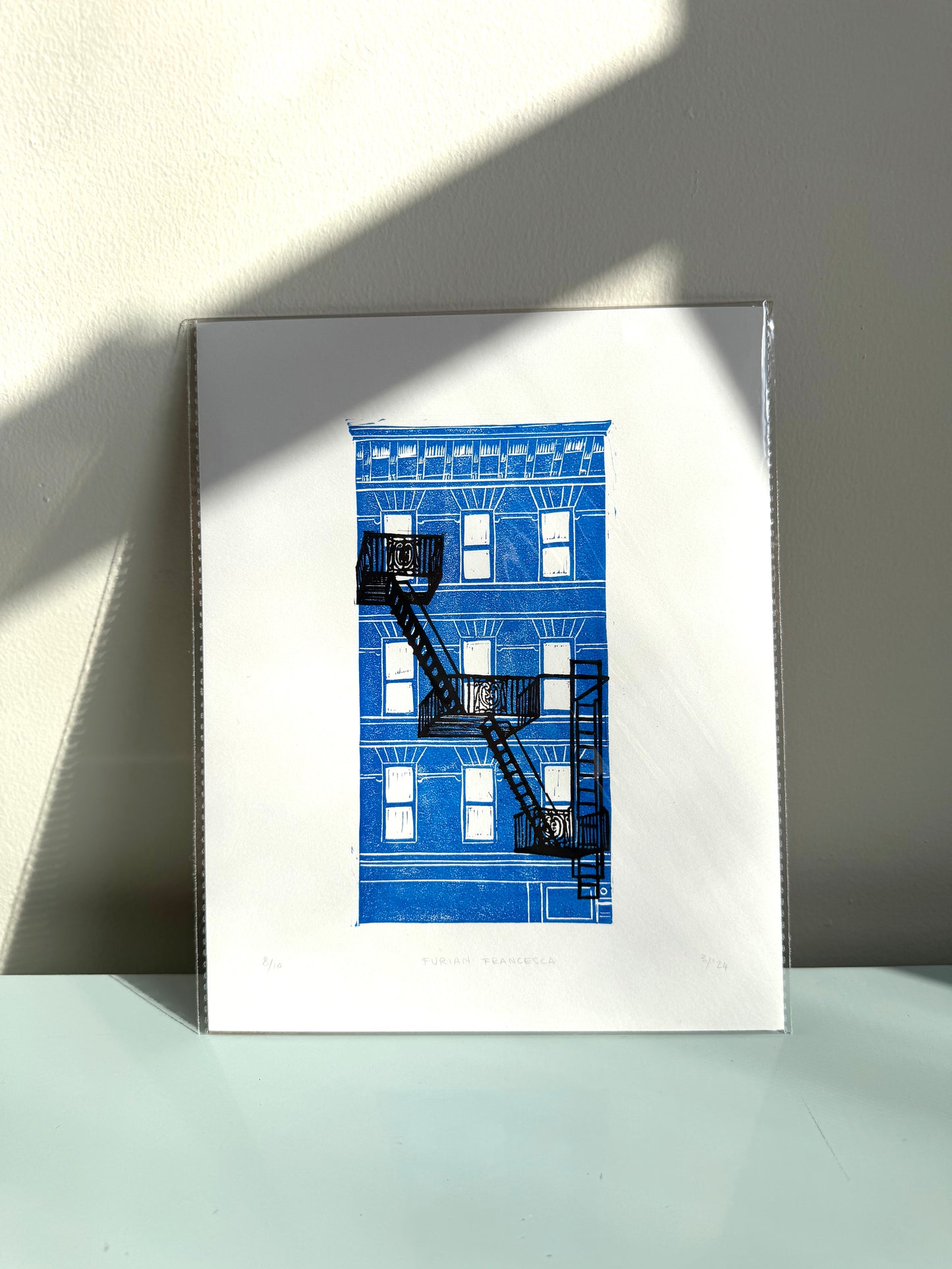 10x8 Fire escape Original Block Print