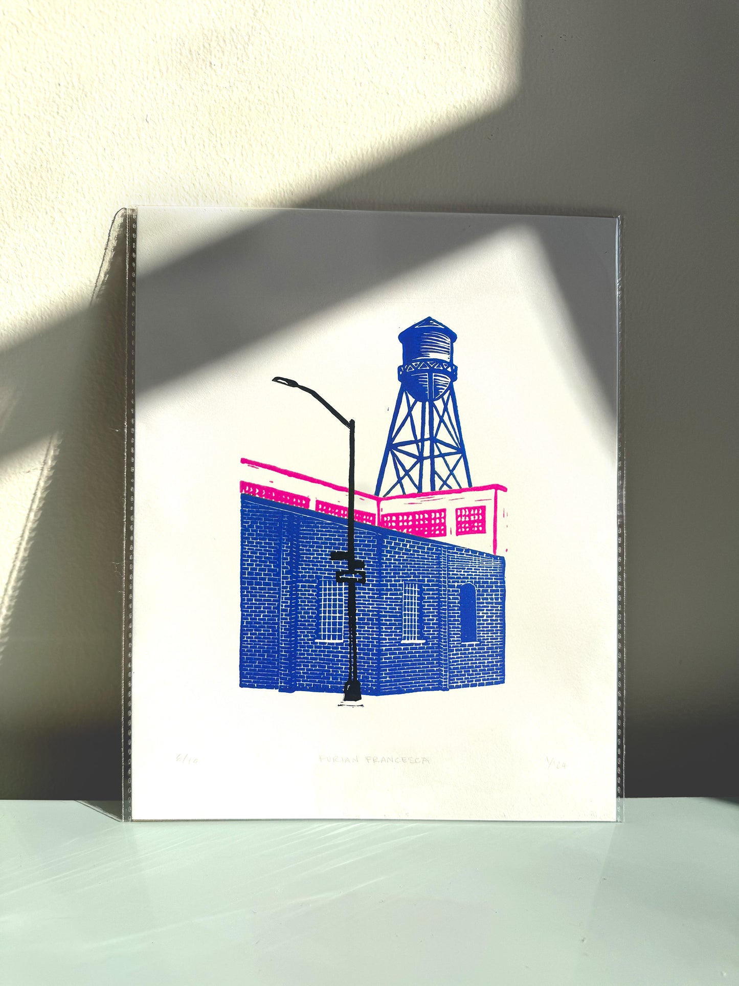 10x8 Water tower Original Block Print