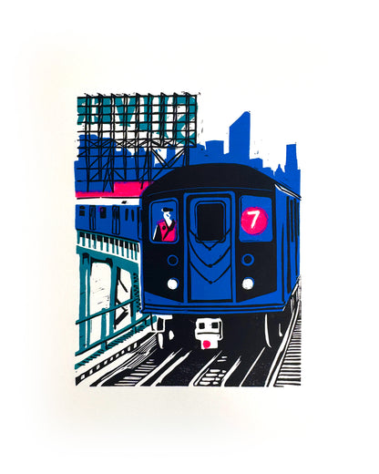 10x8in 7 Train Original Block Print