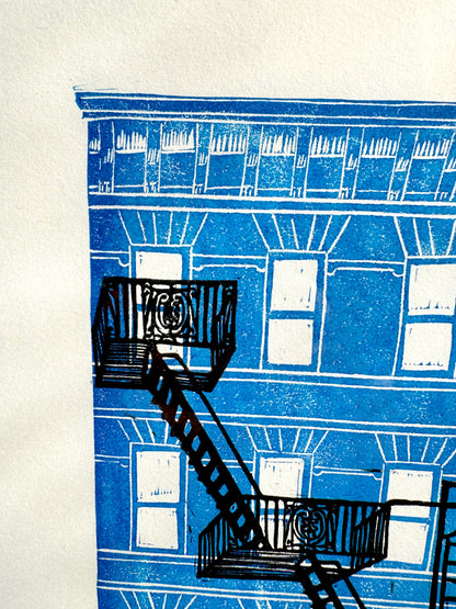 10x8 Fire escape Original Block Print