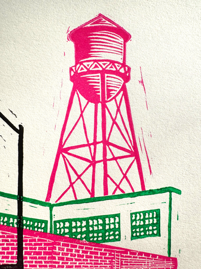10x8 Water tower Original Block Print