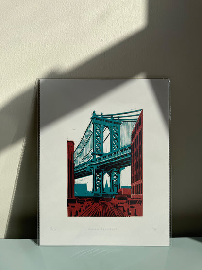 10x8 in Manhattan Bridge Original Block Print