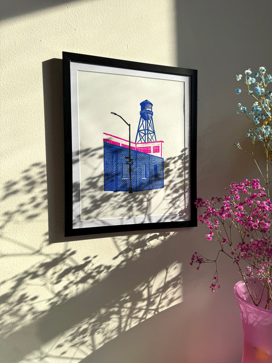 10x8 Water tower Original Block Print