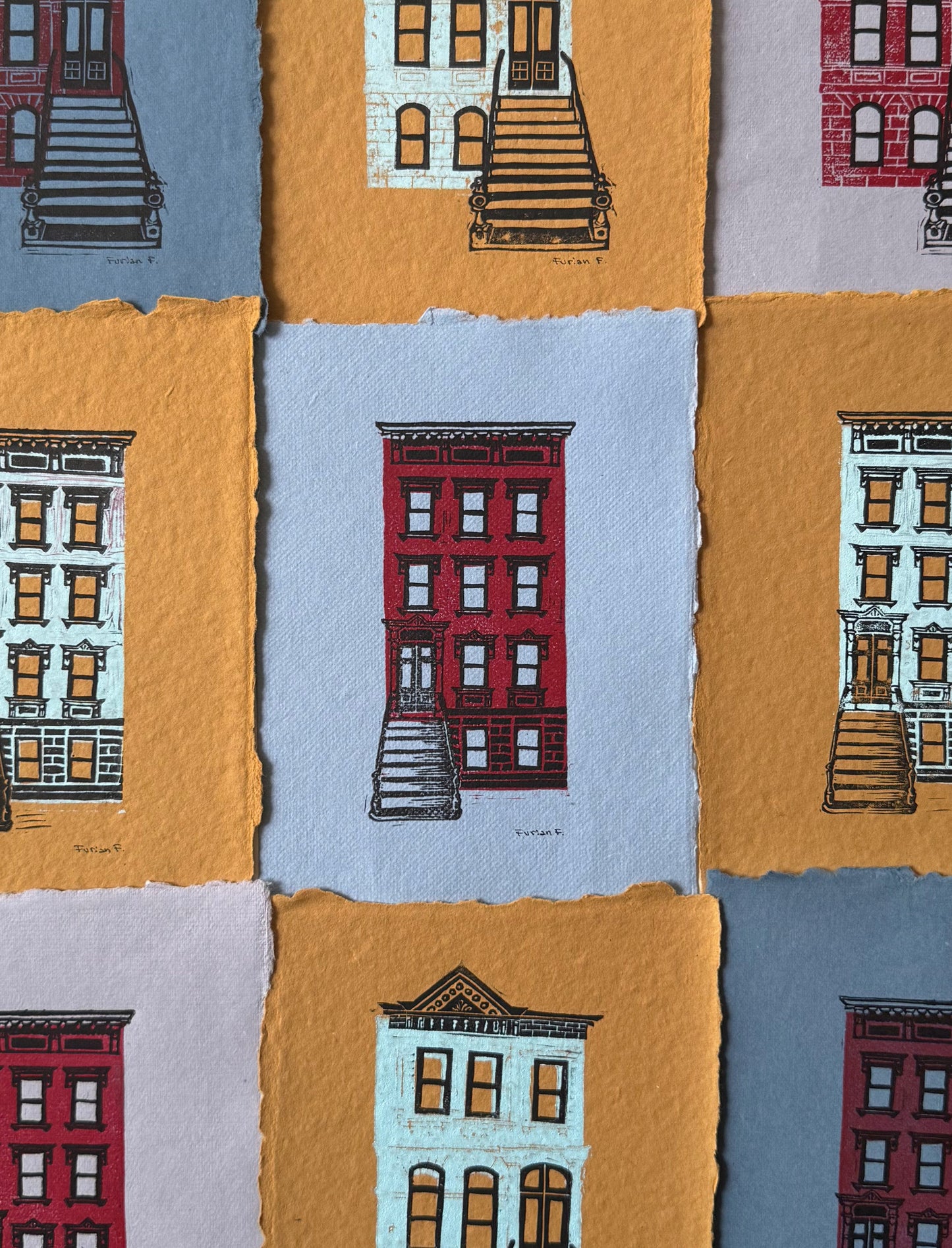 Brownstone original blockprint in 5x7 - Spring edition